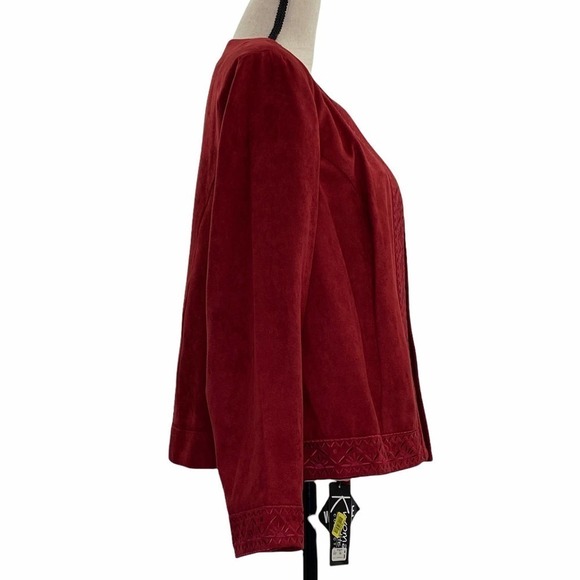 K Woman Red Faux Suede Embellished Open Jacket - Picture 5 of 12